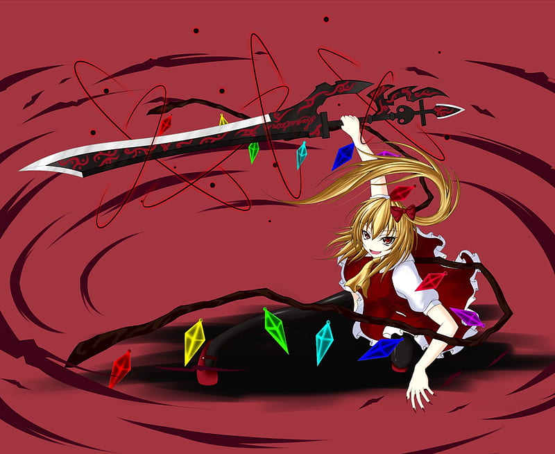 Flandre Scarlet, nail ploish, dress, thighhighs, play, round, ice wings, ponytaitl, touhou, hot, sword, big sword, smile, blonde hair, sexy, cool, hair bow, red eyes, HD wallpaper