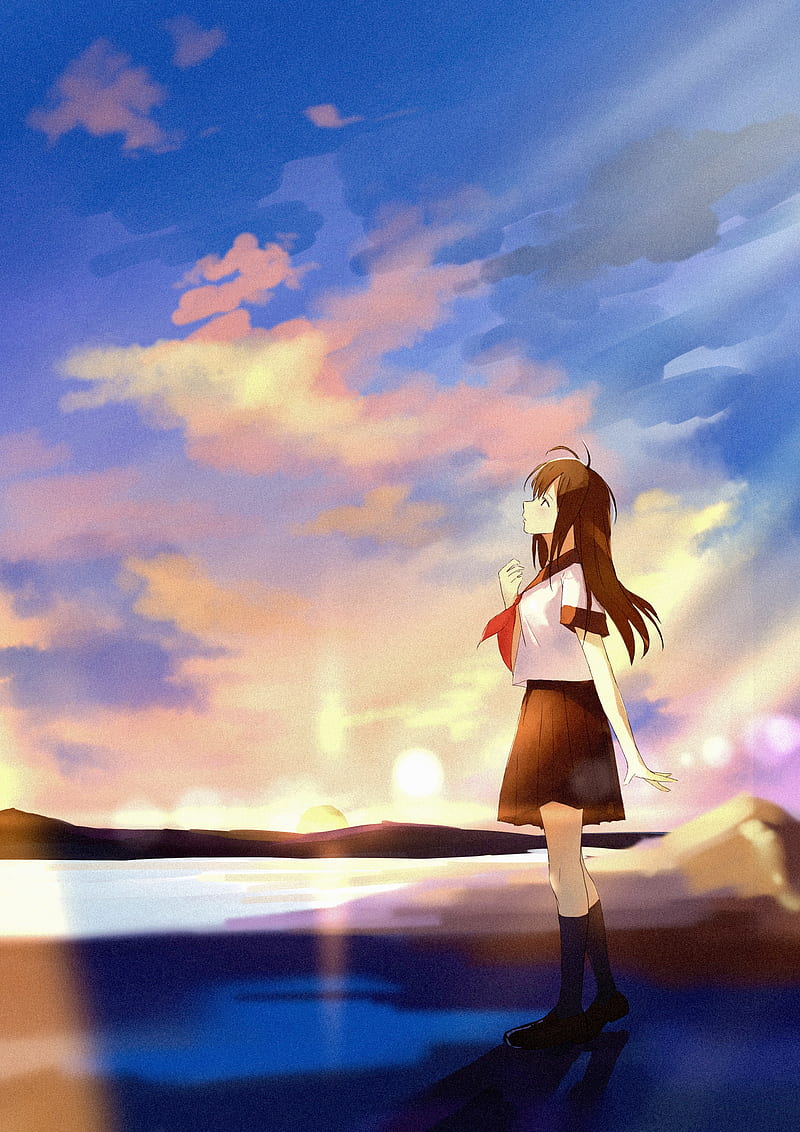 girl, coast, clouds, twilight, anime, art, HD phone wallpaper