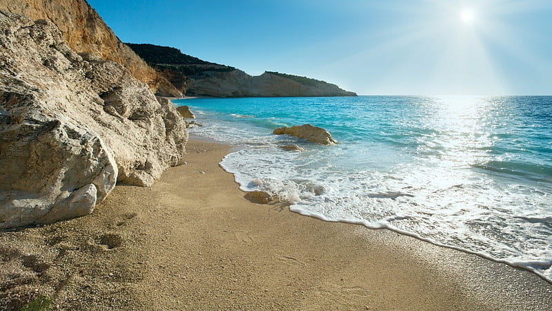 superb sunny beach on a greek isle, beach, sun, cliff, island, sea, HD wallpaper