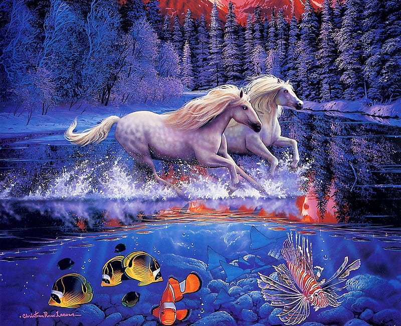 In another world, white, horse, christian riese lassen, art, exotic, fish, peste, fantasy, vara, water, painting, summer, pictura, HD wallpaper