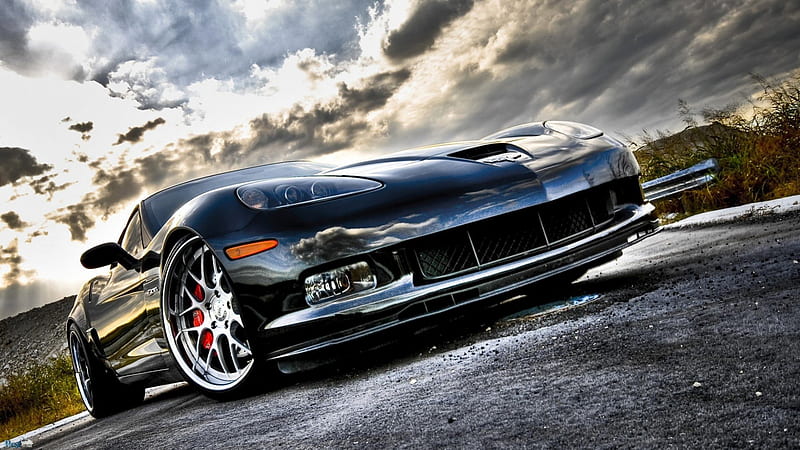 closeup of chevy corvette zo6 r, car, closeup, black, r, clouds, street, HD wallpaper