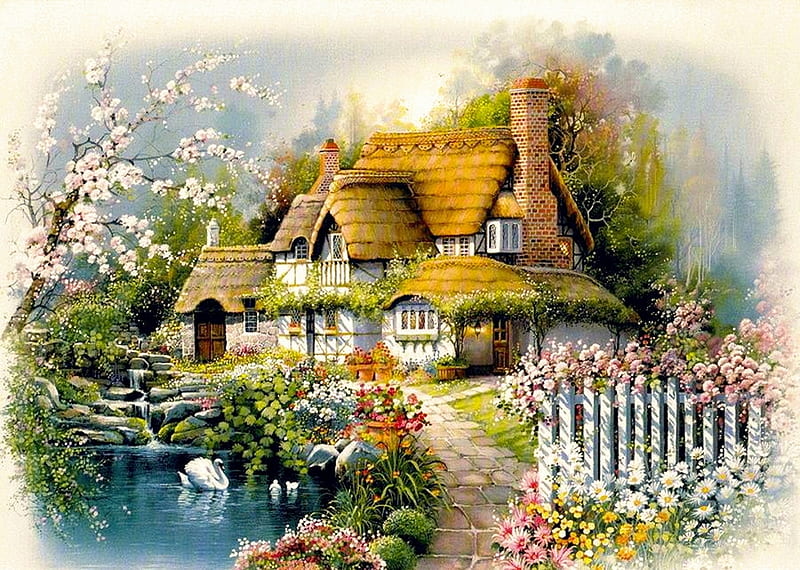 Spring Cottage, fence, house, artwork, swans, pond, orpinas, painting, flowers, garden, HD wallpaper