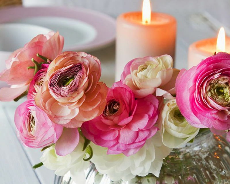 Ranunculus Posy and Candles, Ranunculus Posy, candle, flowers, pink, HD wallpaper