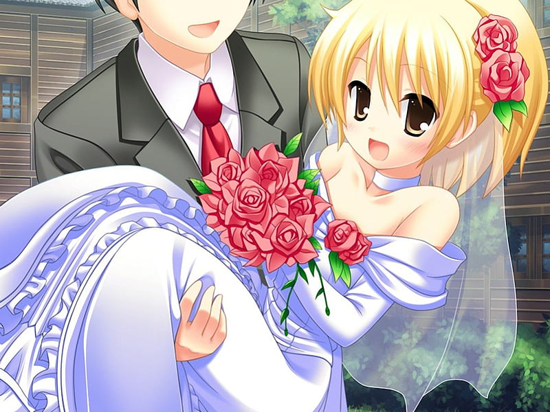 Just got Married :), pretty, veil, blush, sweet, floral, nice, love, anime, handsome, beauty, anime girl, lovely, romance, gown, blonde, sexy, happy, short hair, hug, cute, lover, dress, blond, divine, rose, guy, bride, bonito, sublime, elegant, blossom, hot, wed, couple, gorgeous, female, male, romantic, blonde hair, smile, wedding, roses, blond hair, kawaii, boy, girl, bouquet, flower, petals, HD wallpaper