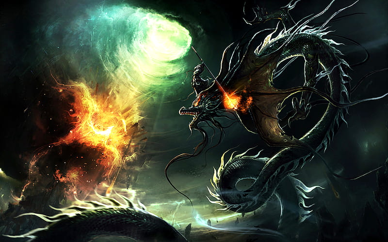 dragon VS fire, combat, sky, clouds, dragon, fire, water, monster, earth, creature, HD wallpaper