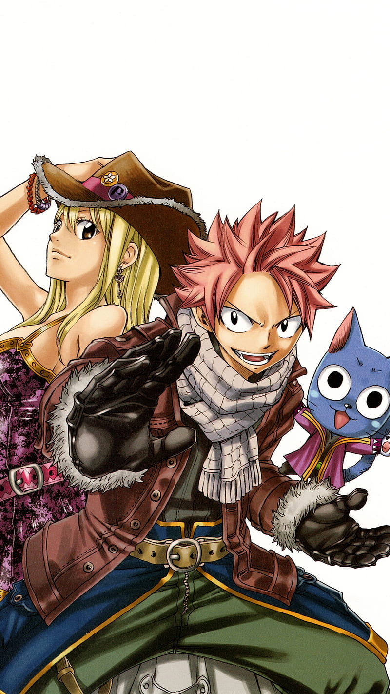 Natsu Lucy and Happy, cat, fairy tail, fairy tale, friend, journey, HD phone wallpaper