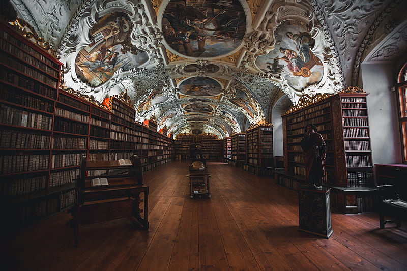 library with religious embossed ceiling, HD wallpaper