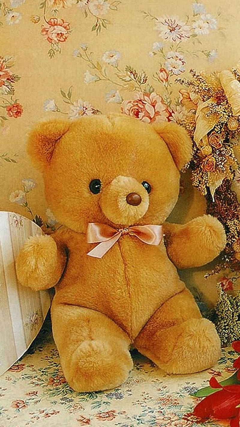 Big Teddy Bear With Flowers Background, big teddy bear, flowers background,  sitting, HD phone wallpaper | Peakpx