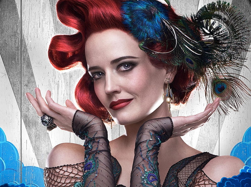 Dumbo (2019), blue, poster, redhead, movie, dumbo, colette, woman, fantasy, girl, actress, feather, hand, Eva Green, face, disney, HD wallpaper