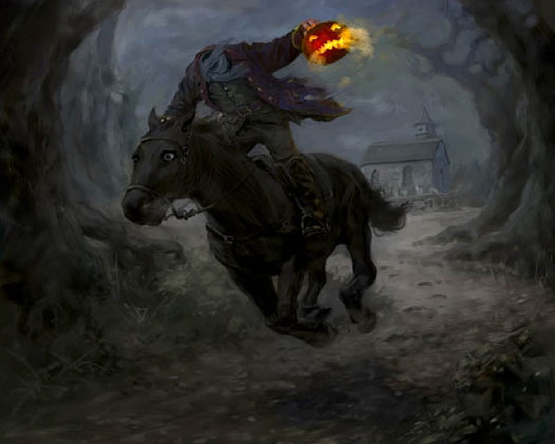 Headless Horseman, flames, pumpkin, body, woods, horse, HD wallpaper