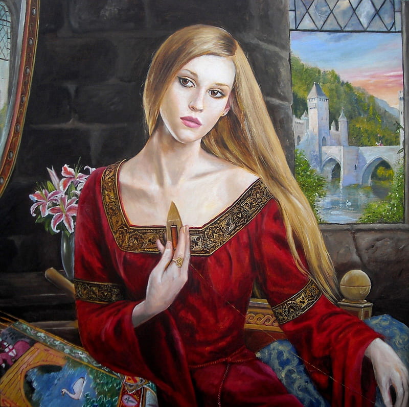 The lady of Shallot, red, shallot, fantasy, lady, HD wallpaper