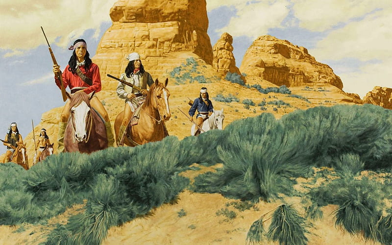 Nativos americanos, pistolas, montañas, indios, obra de arte, caballos, paisaje, Fondo de pantalla HD | Peakpx