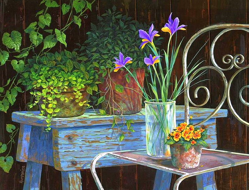 Irises Decorations, table, lovely still life, draw and paint, houses, love four seasons, trees, still life, decorations, flowers, irises, chair, HD wallpaper