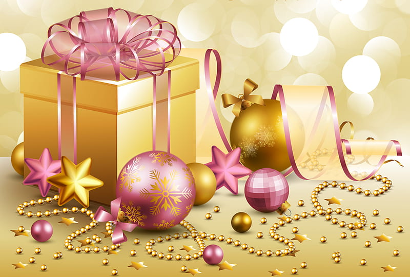 Merry Christmas, pretty, colorful, box, bonito, magic, xmas, nice, gold, magic christmas, beauty, pink, star, stars, lovely, holiday, ribbon, decoration, colors, gift, cool, purple, balls, gifts, HD wallpaper