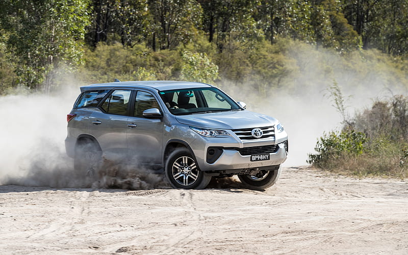 Toyota Fortuner, GX, 2017, SUV, silver Fortuner driving on sand, Japanese cars, Toyota, HD wallpaper