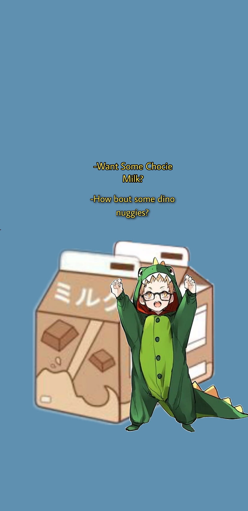 Chocky Dino, chocky milk, chocolate, dino nuggies, dinosaur, haikyuu, milk, nuggets, tsukishima, HD phone wallpaper