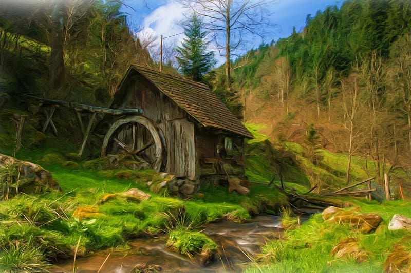 Landscape, Forest, Stream, Painting, , Watermill, Oil Painting, HD wallpaper