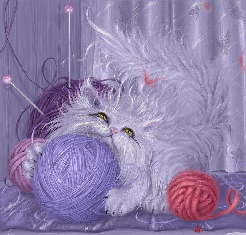 Fuzzy Kitty Loves Yarn, yarn, balls, knitting needles, white, cat, abstract, other, HD wallpaper