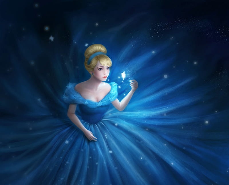 Cinderella, dress, luminos, thao anh, fantasy, butterfly, girl, jidu276, princess, disney, blue, HD wallpaper