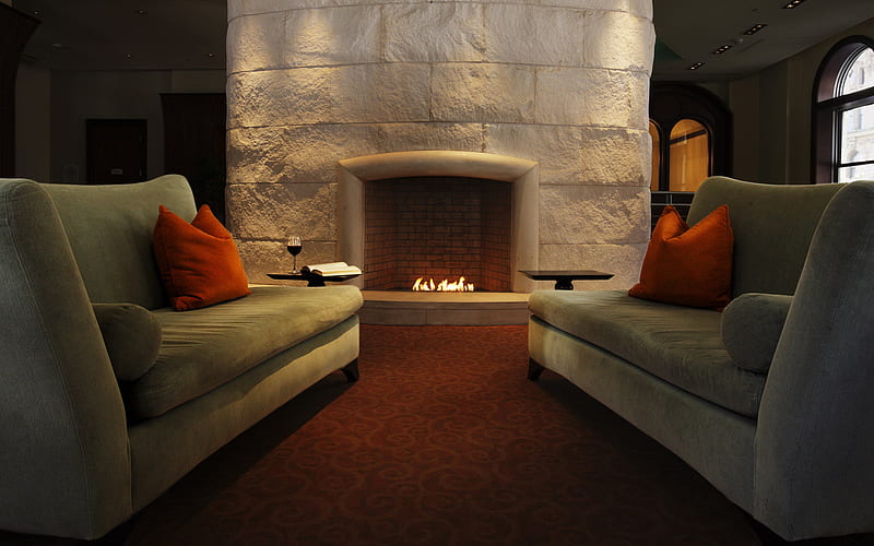 Home fireplace, fire, nice, window, stone fireplace, 2 sitting places, living room, HD wallpaper