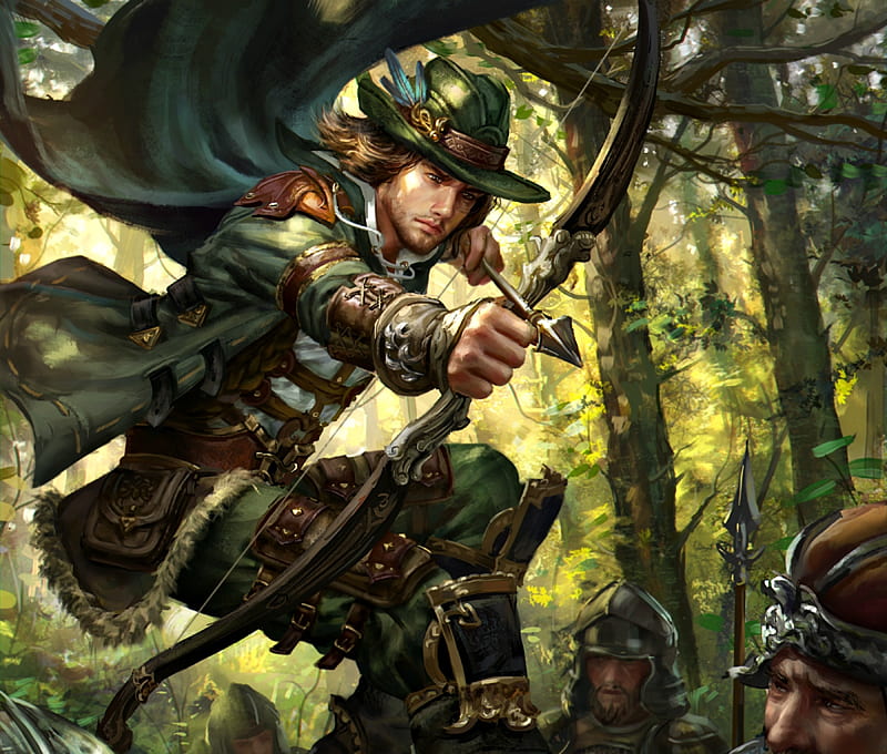 Robin Hood, forest, legend of the cryptids, game, man, hat, arrow, green, anotherwanderer, archer, HD wallpaper