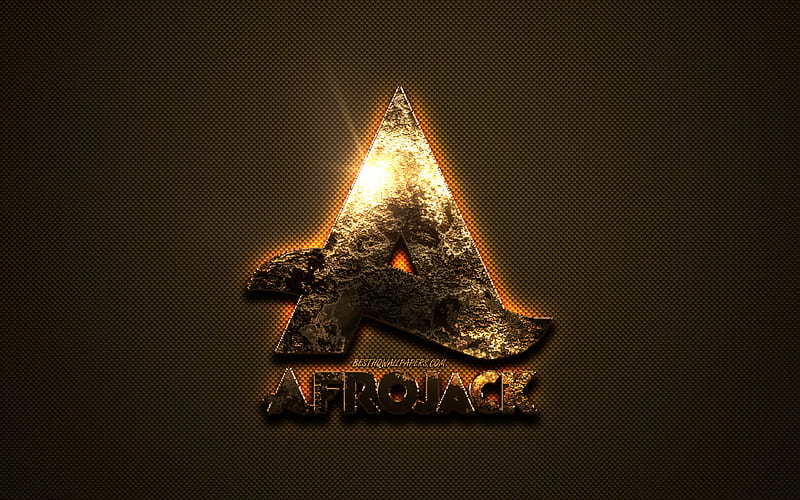 Afrojack gold logo, creative art, gold texture, Dutch DJ, brown carbon fiber texture, Afrojack gold emblem, Afrojack, Nick van de Wall, HD wallpaper