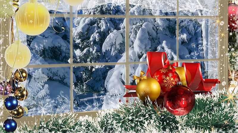 Winter Scene at Christmas, feliz navidad, window, christmas, curtain, trees, winter, balls, snow, decorations, frost, HD wallpaper