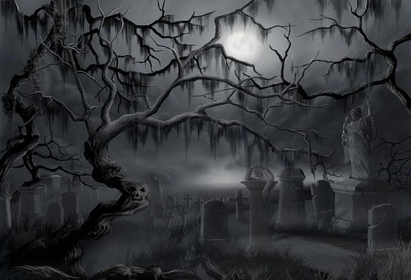 Spooky Graveyard, moss, spooky, trees, tombstones, HD wallpaper | Peakpx