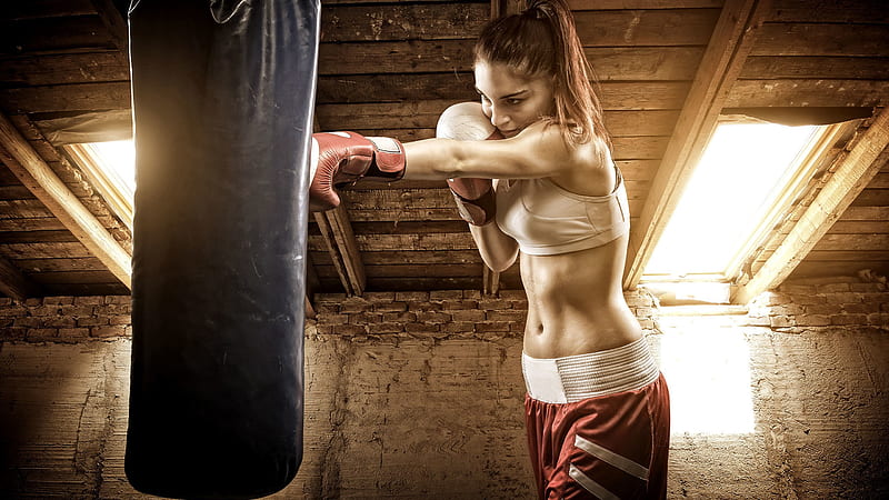 Brunette Girl With Ponytail Is Punching Boxing Bag Wearing White Red Dress Boxing, HD wallpaper