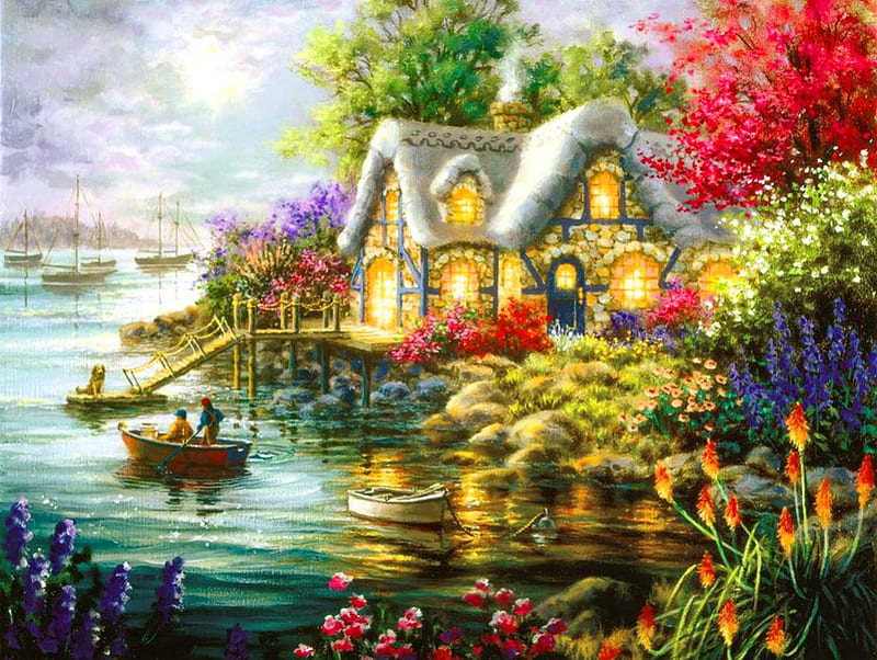 Cottage cove, house, shore, cottage, bonito, clouds, nice, boats, painting, flowers, river, light, art, cozy, lovely, cove, trees, lake, vilalge, peaceful, HD wallpaper