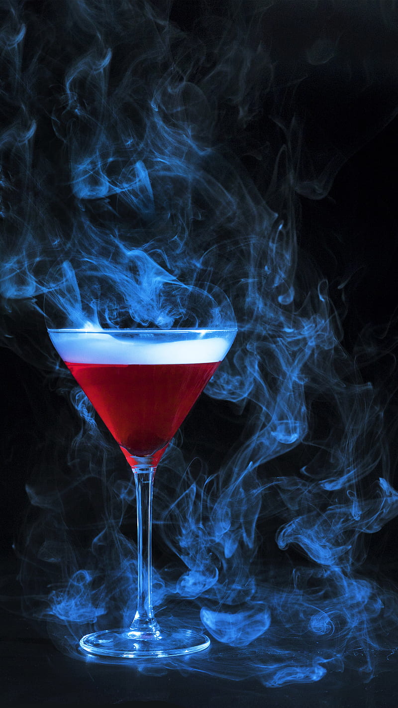 Red Drink and Smoke, Kiss, black, blue, fog, halloween, martini glass, potion, HD phone wallpaper