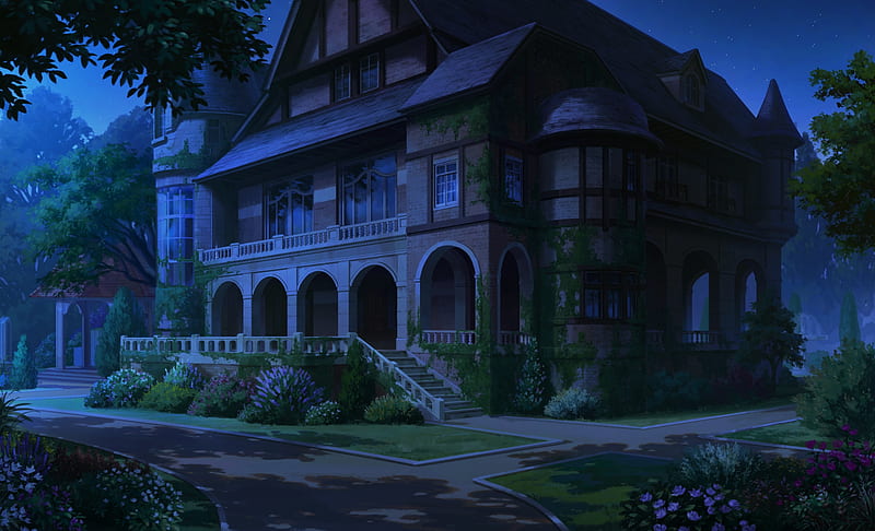 Anime building, night, forest, foliage, Anime, HD wallpaper | Peakpx