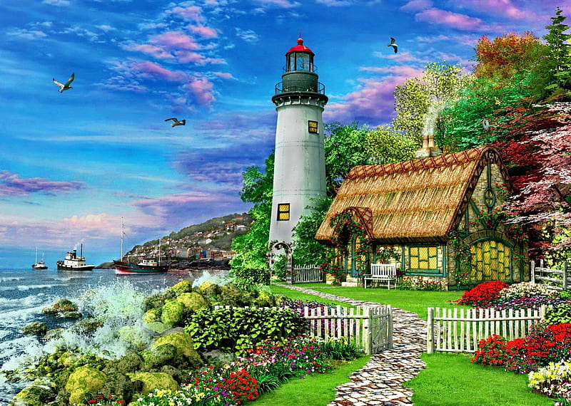 Sea cottage, rocks, ence, pretty, shore, house, grass, breeze, cabin, beach, nice, stones, boats, village, path, flowers, rest, art, lovely, relax, town, wind, waves, sky, trees, water, garden, ships, bonito, villa, sea painting, smoke, bench, spring, lake, summer, coast, HD wallpaper