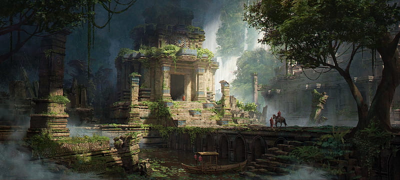 Ancient temple, art, ruins, shusei sasaya, fantasy, HD wallpaper