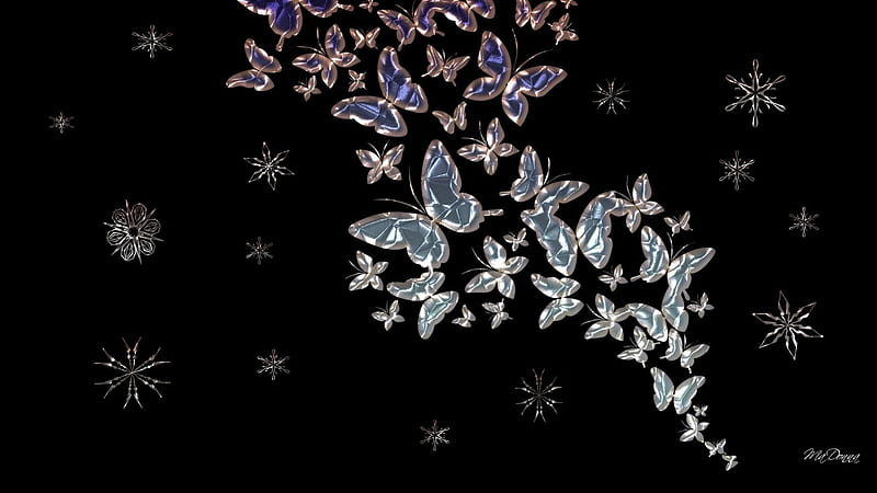 Butterflies and Snowflakes, jewels, butterflies, abstract, silver, winter, snow, snowflakes, summer, shiny, HD wallpaper