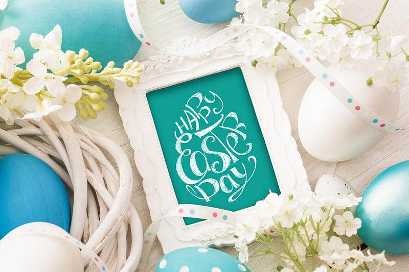 Easter Greetings, text, Happy Easter, holiday, frame, words, ribbons, greetings, Easter, basket, eggs, flowers, Spring, wood, HD wallpaper