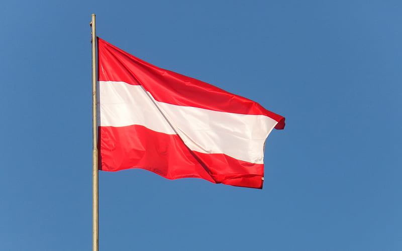 Austria flag on flagpole, blue sky, Europe, Austrian flag, flagpole, flag of Austria, HD wallpaper
