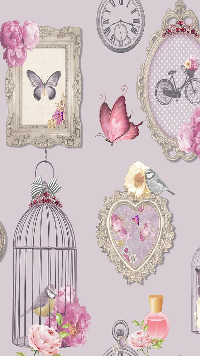 Great Decor, bird, butterfly, cage, chic, lavender, pastel, pink, shabby, vintage, HD phone wallpaper