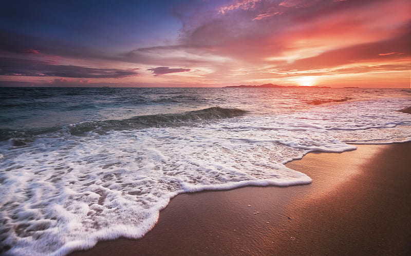 sunset, coast, waves, island, evening, seascape, beautiful evening sky, HD wallpaper