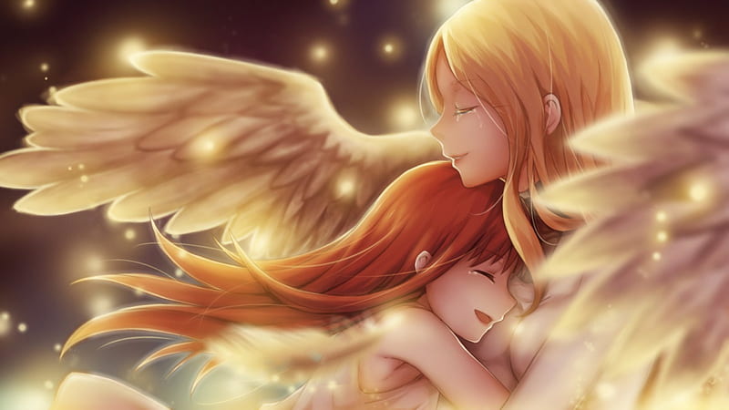 My Angel, pretty, blond cg, bonito, magic, wing, sweet, nice, fantasy, anime, feather, love, tears, beauty, anime girl, realistic, long hair, light, cry, female, wings, lovely, glowing, angel, smile, blonde hair, smiling, blond hair, happy, girl, HD wallpaper