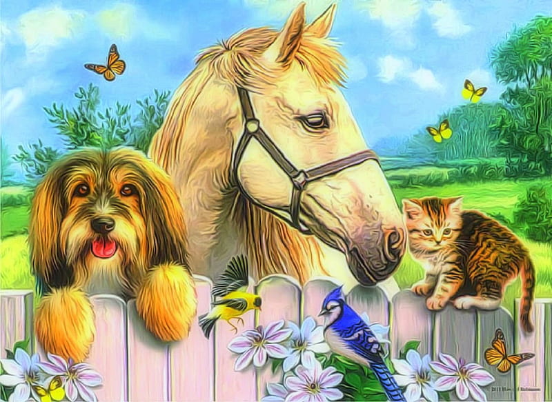 ★Best Friends in Springtime★, fence, family, grass, farms, digital art, seasons, best friends, paintings, friendship, love, lovely flowers, drawings, butterfly designs, animals, love four seasons, birds, butterflies, spring, horses, puppies and kittens, warmth, weird things people wear, lawn, cats, beloved valentines, dogs, HD wallpaper