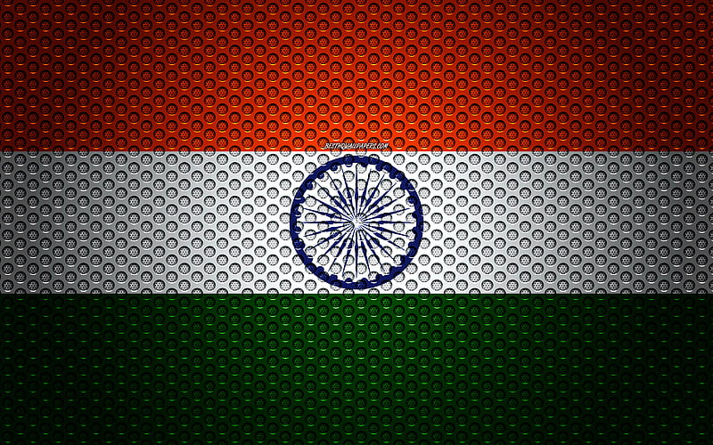Flag of India creative art, metal mesh texture, Indian flag, national symbol, India, Asia, flags of Asian countries, HD wallpaper