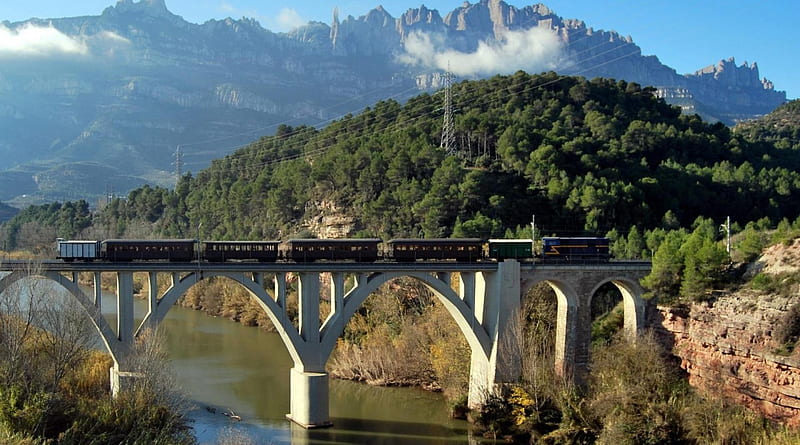 train on a rail bridge over a river gorge, train, bridge, mountains, gorge, river, HD wallpaper