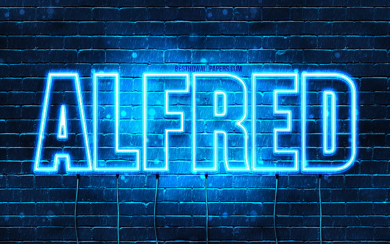 Alfred with names, horizontal text, Alfred name, Happy Birtay Alfred, blue neon lights, with Alfred name, HD wallpaper