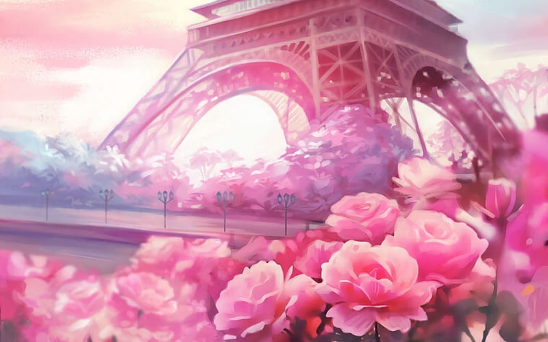 Pink Roses, Pink, roses, Paris, art, Eiffel tower, France, HD wallpaper