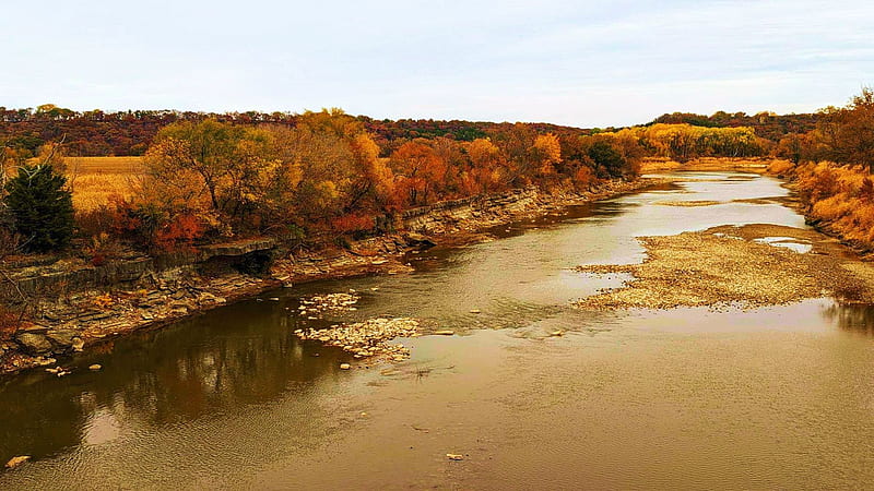 South Central Kansas, Walnut River, leaves, fall, landscape, autumn, trees, colors, water, usa, HD wallpaper