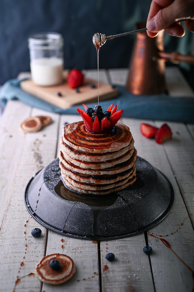 pancakes, berries, honey, dessert, sweet, HD phone wallpaper