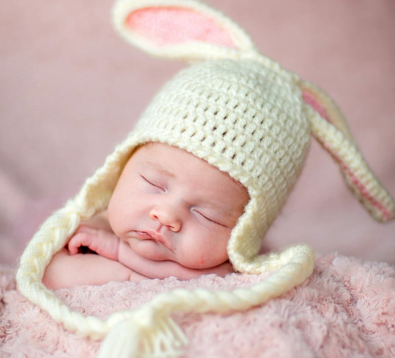 Little bunny, sleep, ears, easter, baby, hat, cute, girl, copil, bunny, child, white, pink, HD wallpaper
