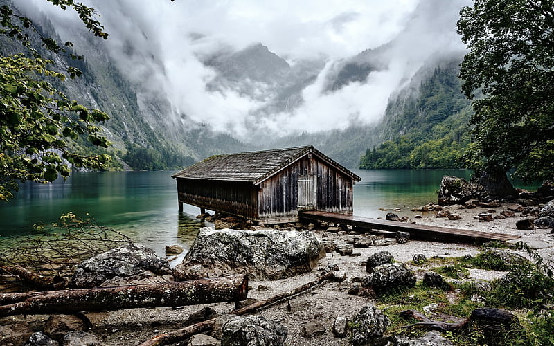 Obersee, Bavaria, Germany, Alps, mountain lake, wooden house, fog, cloudy weather, mountain landscape, natural lake, HD wallpaper