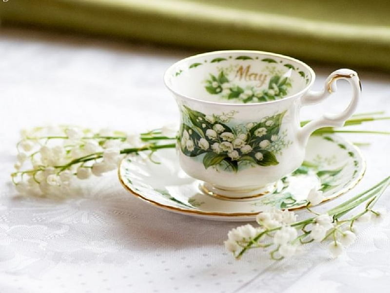 lily of the valley for tea time, still life, tea time, flowers, lily, valley, HD wallpaper